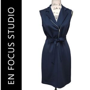 💙 EN FOCUS STUDIO Sleeveless Belted Moto Sheath Navy Blue Dress SIZE 8